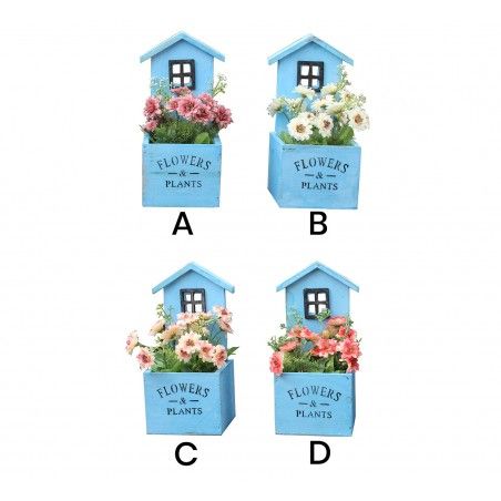 Jardinière décorative en bois naturel en forme de maison avec Jardin à patine bleu jardin - Édition Bassic - Maison et plus