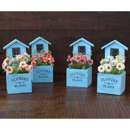Jardinière décorative en bois naturel en forme de maison avec Jardin à patine bleu jardin - Édition Bassic - Maison et plus