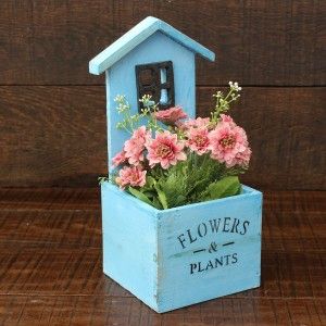 Jardinière décorative en bois naturel en forme de maison avec Jardin à patine bleu jardin - Édition Bassic - Maison et plus