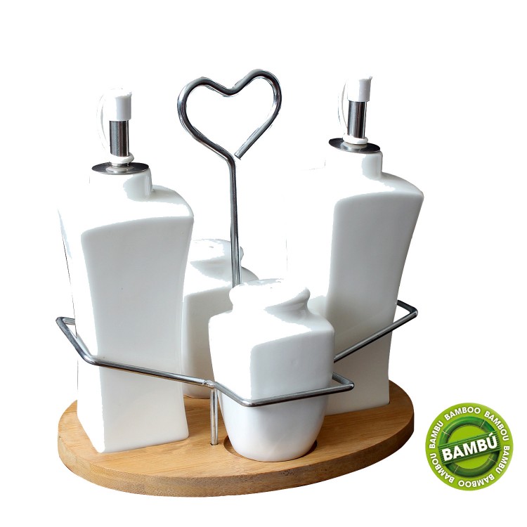 Oil Vinegar modern ceramic and bamboo natural white for kitchen - Fashion Life - Home and more
