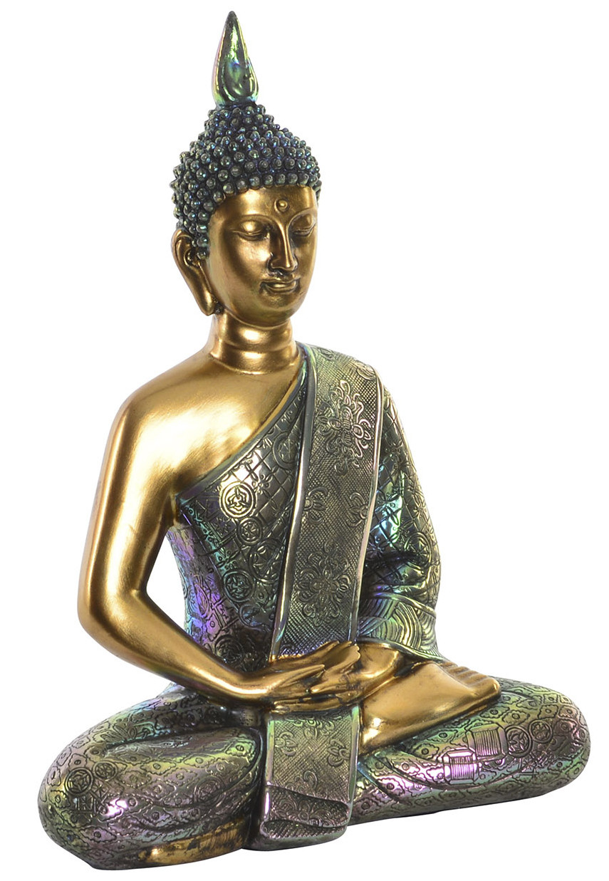 Figura de buda de color dorado. Sentado en posición de meditación para salón/comedor. Diseño Wabi Sabi 21 x 28cm