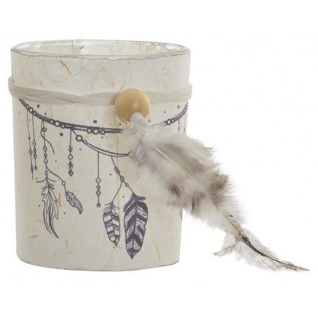 Candle holders Boho glass and paper with feathers for decoration. Design nice and original. 7 x 8.5 cm - Home and more