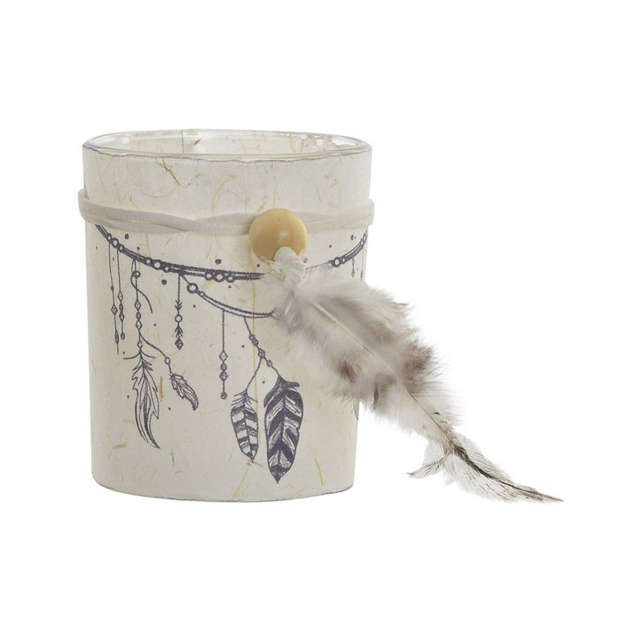 Portavelas Boho de cristal y papel con plumas para decoración. Diseño simpático y original. 7 x 8.5 cm - Hogar y más