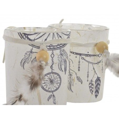 Portavelas Boho de cristal y papel con plumas para decoración. Diseño simpático y original. 7 x 8.5 cm - Hogar y más