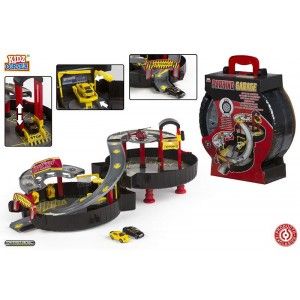 Toy carry Case Garage, Wheel-shaped, with a ramp, a lift and helipad. Design Racing. - Home and More