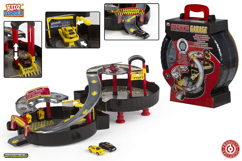 Toy carry Case Garage, Wheel-shaped, with a ramp, a lift and helipad. Design Racing. - Home and More