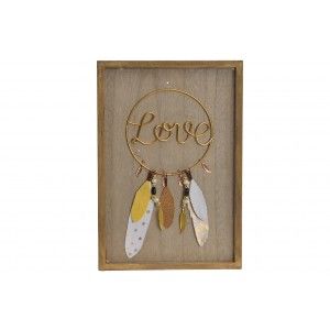 Decorazione a Parete in Legno "AMORE". Stile etnico/boho con un Design di piume. (24X1,5X34 CM).-Casa e più-