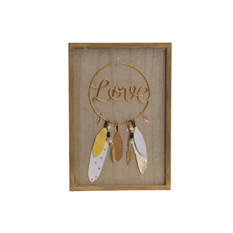 Decoración Pared de Madera "LOVE". Estilo étnico/boho con Diseño de plumas. (24X1,5X34 CM).-Hogar y más-