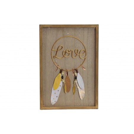 Decoración Pared de Madera "LOVE". Estilo étnico/boho con Diseño de plumas. (24X1,5X34 CM).-Hogar y más-