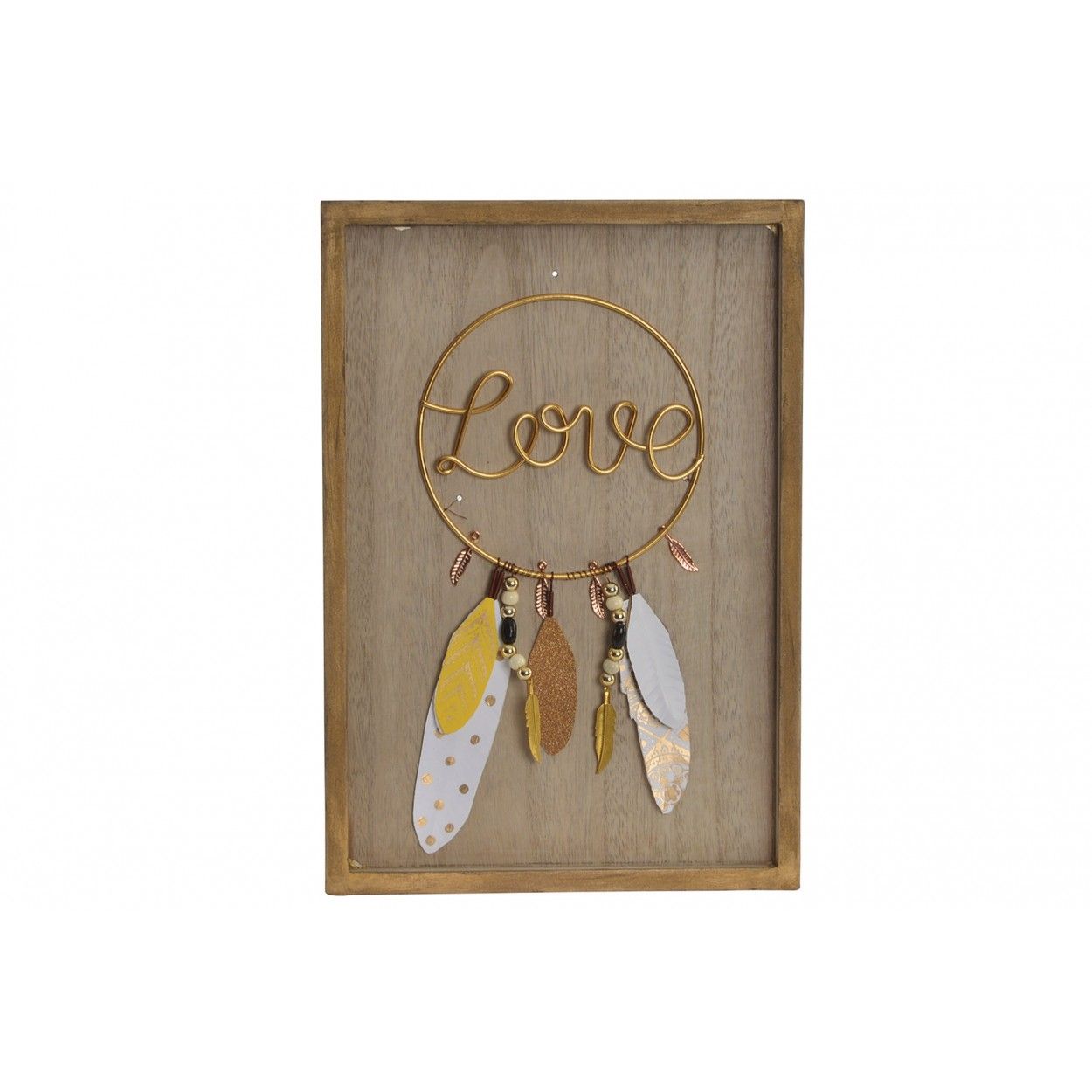 Decoración Pared de Madera "LOVE". Estilo étnico/boho con Diseño de plumas. (24X1,5X34 CM).-Hogar y más-