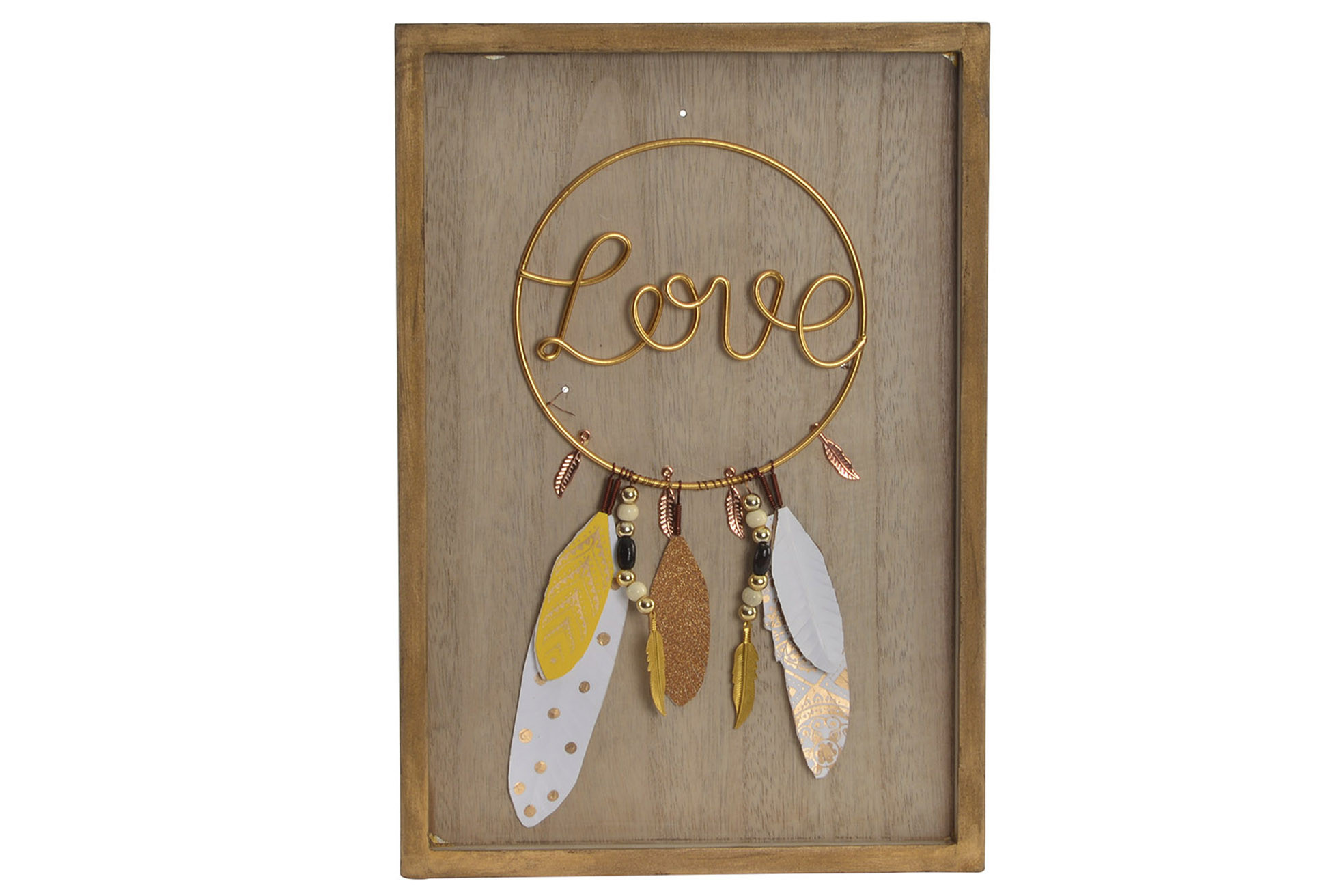 Decoración Pared de Madera "LOVE". Estilo étnico/boho con Diseño de plumas. (24X1,5X34 CM).-Hogar y más-