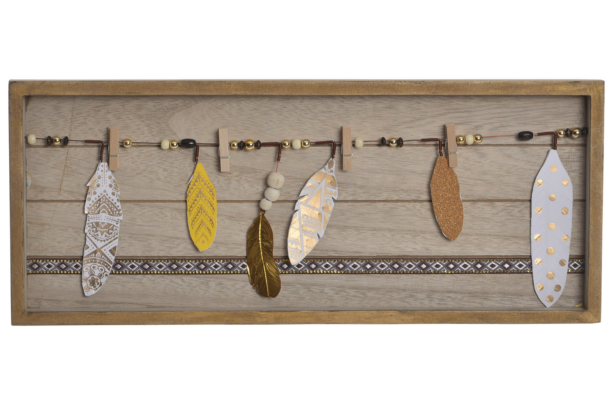 Original Portafotos de Pared con accesorios de Plumas. Étinico/Boho. (48X2,5X20 CM).-Hogarymas-