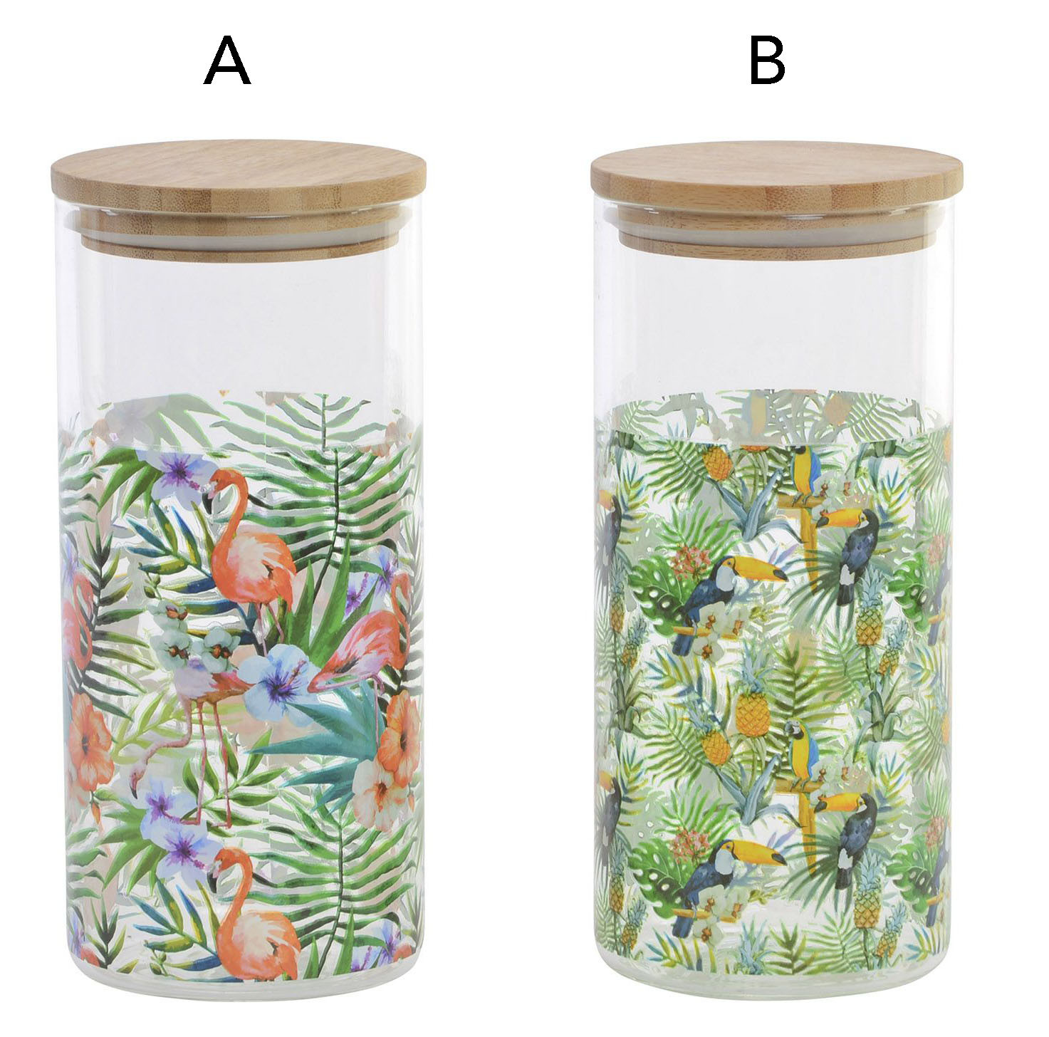 Un bocal en Verre avec un Couvercle en Bambou, coloré. Conception Flamingo/Toucan, de style Tropical, avec une Capacité de 1,4