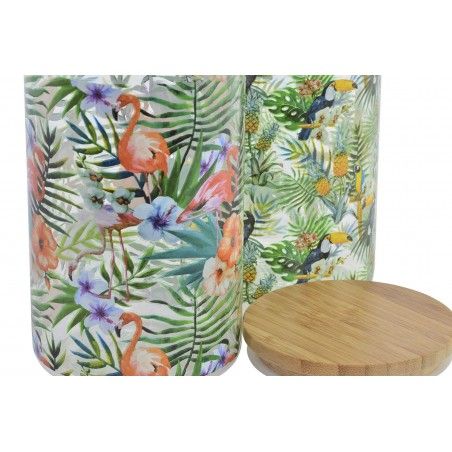 Un bocal en Verre avec un Couvercle en Bambou, coloré. Conception Flamingo/Toucan, de style Tropical, avec une Capacité de 1,4