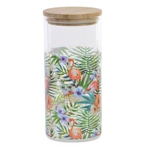 Un bocal en Verre avec un Couvercle en Bambou, coloré. Conception Flamingo/Toucan, de style Tropical, avec une Capacité de 1,4