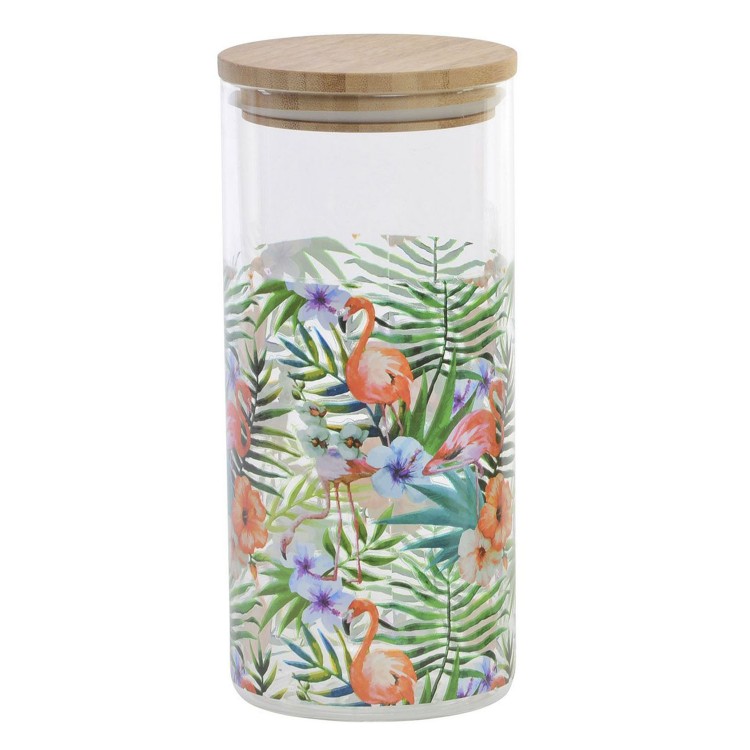 Bote de Cristal con Tapa de Bambú, colorido. Diseño Flamenco/Tucán, con estilo Tropical, con Capacidad para 1,4L - Hogar y Más