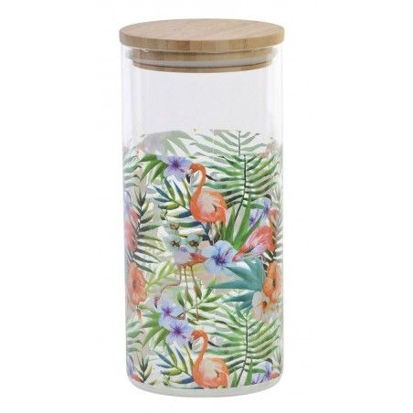 A Glass jar with a Lid of Bamboo, colorful. Design Flamingo/Toucan, Tropical style, with a Capacity of 1.4 L - Home and More