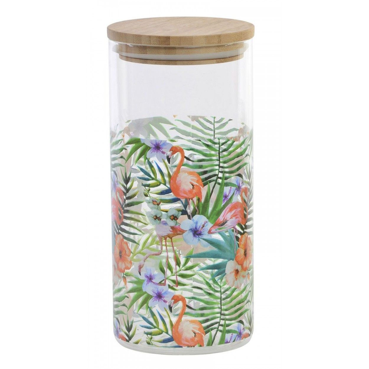 A Glass jar with a Lid of Bamboo, colorful. Design Flamingo/Toucan, Tropical style, with a Capacity of 1.4 L - Home and More
