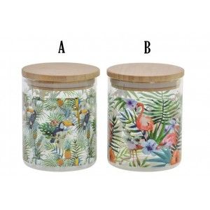 Bote de Cristal con Tapa de Bambú, colorido. Diseño Flamenco/Tucán 700ML, Estilo Tropical, (10X2,5 CM).-Hogarymas-