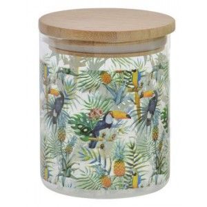 Bote de Cristal con Tapa de Bambú, colorido. Diseño Flamenco/Tucán 700ML, Estilo Tropical, (10X2,5 CM).-Hogarymas-