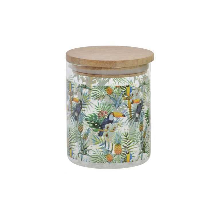 Bote de Cristal con Tapa de Bambú, colorido. Diseño Flamenco/Tucán 700ML, Estilo Tropical, (10X2,5 CM).-Hogarymas-