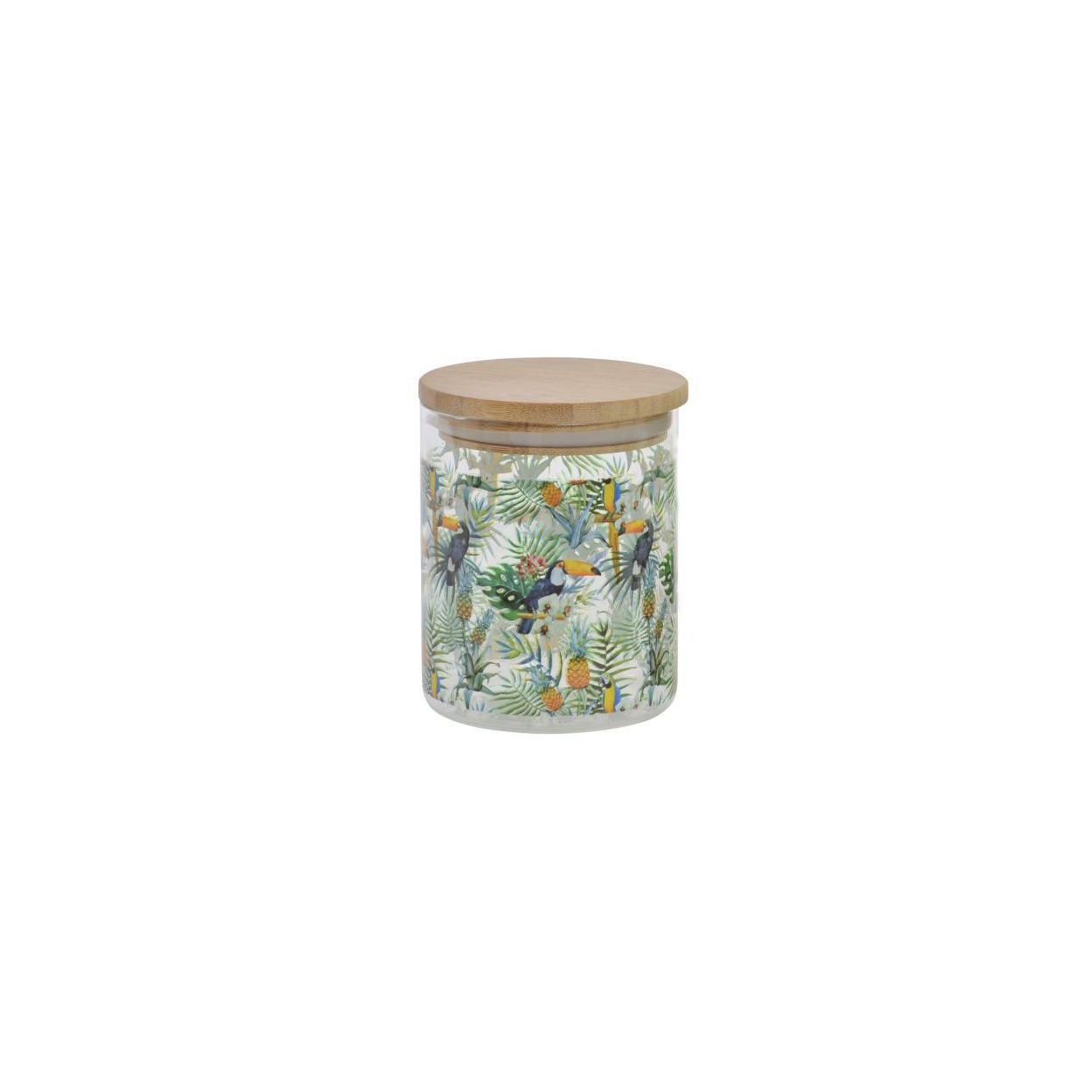Un barattolo di Vetro con un Coperchio di Bambù, colorato. Design Flamingo/Tucano 700ML, in Stile Tropicale, (10X2,5