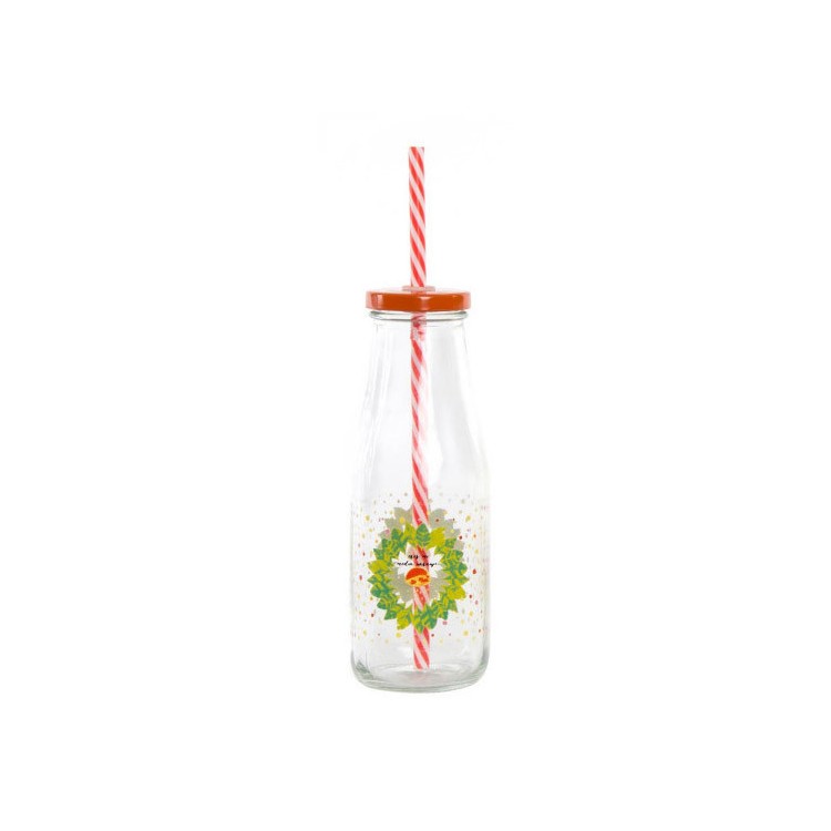Botella de cristal con pajita y mensaje positivo. Diseño Motivador. Hogar y más. 