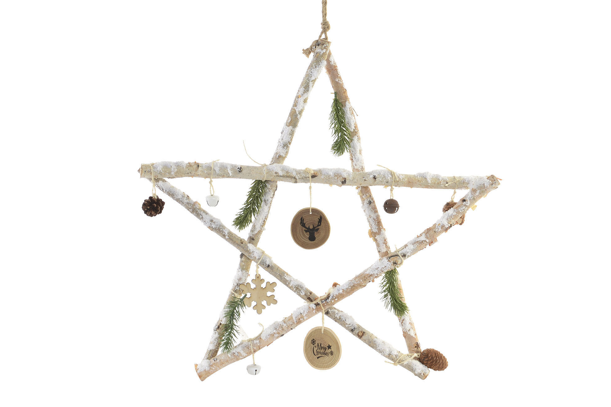 Estrella Colgante de Madera con acabado Nevado, para Decoración Navideña. Diseño Rural/Hogareño (60cm X 60cm) - Hogar y Más