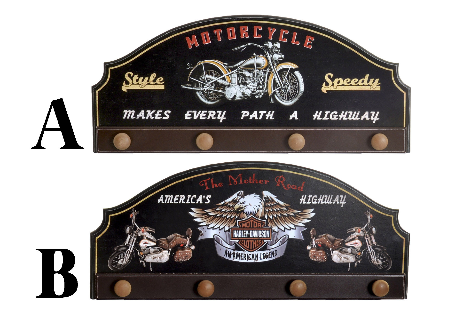 Porte-manteau Mural Motard faite en Bois de couleur Noire avec une Phrase de Motivation. Conception Harley avec style Vintage