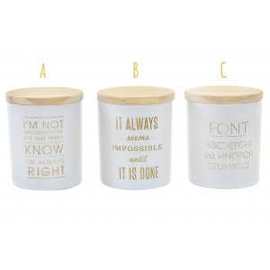 Candela profumata Piccolo Bicchiere di Cristallo Bianco, con una Frase Motivante in Oro e di copertura in Legno. Design moderno