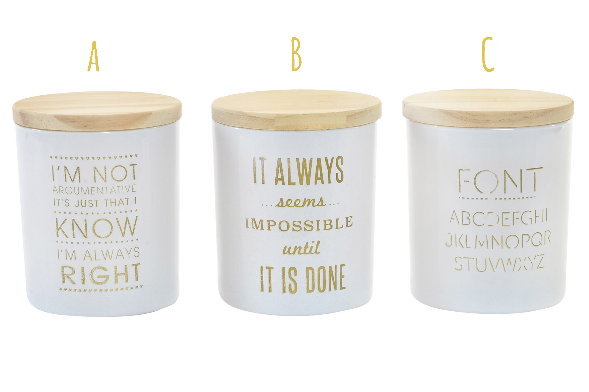 Candela profumata Piccolo Bicchiere di Cristallo Bianco, con una Frase Motivante in Oro e di copertura in Legno. Design moderno
