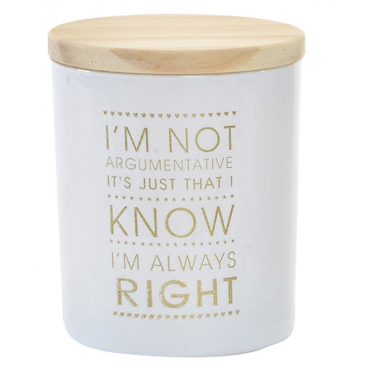 Candela profumata Piccolo Bicchiere di Cristallo Bianco, con una Frase Motivante in Oro e di copertura in Legno. Design moderno