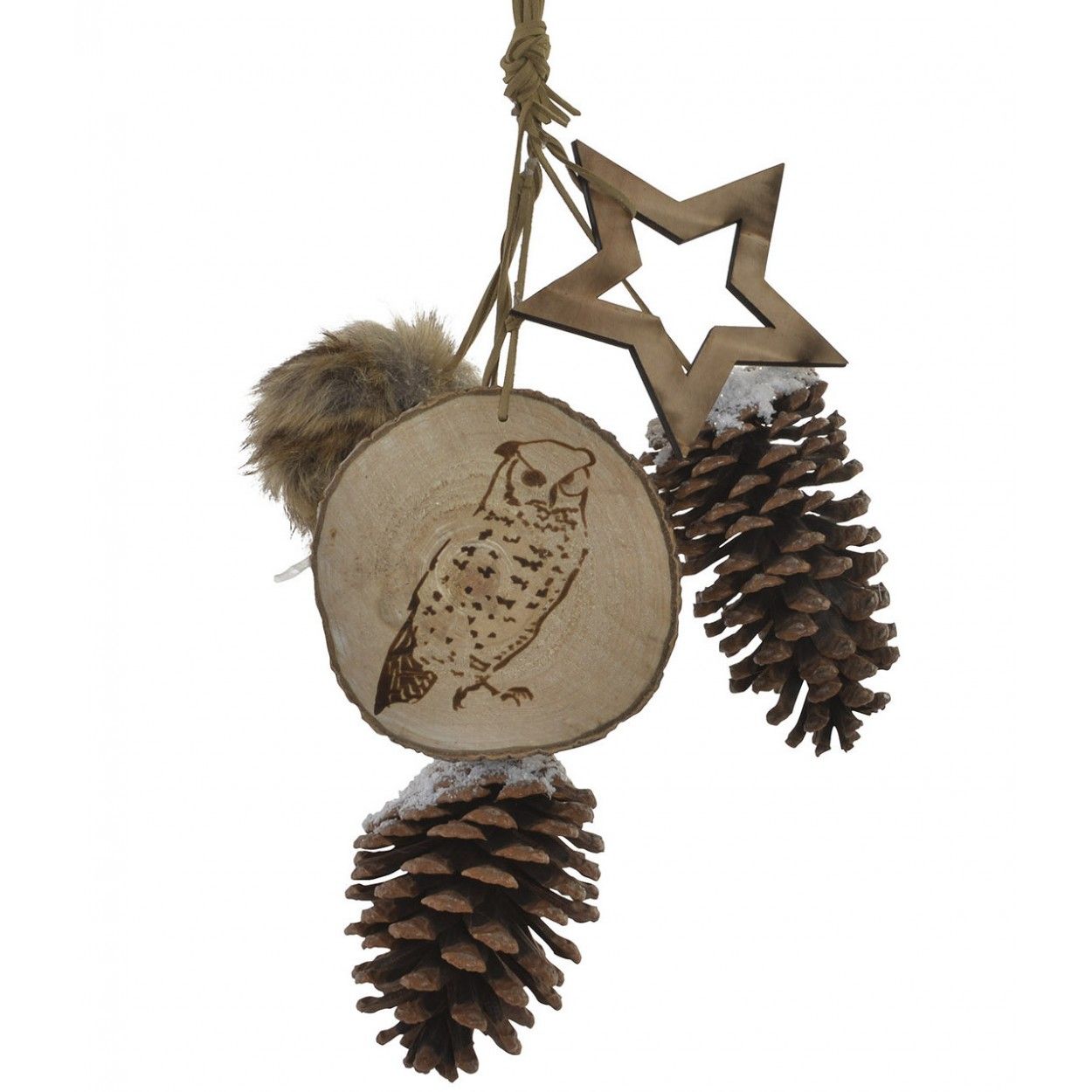 Decorazione Pendente di Natale in Legno, Design di Pigne, il Gufo e la Stella. Ideale per la decorazione Originale 10X45