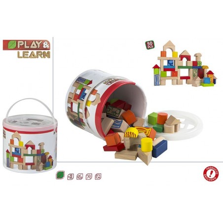 Secchio con 50 pezzi di Legno, per Giocare a Costruire. Design ergonomico, elegante per Bambini - per la Casa e di Più