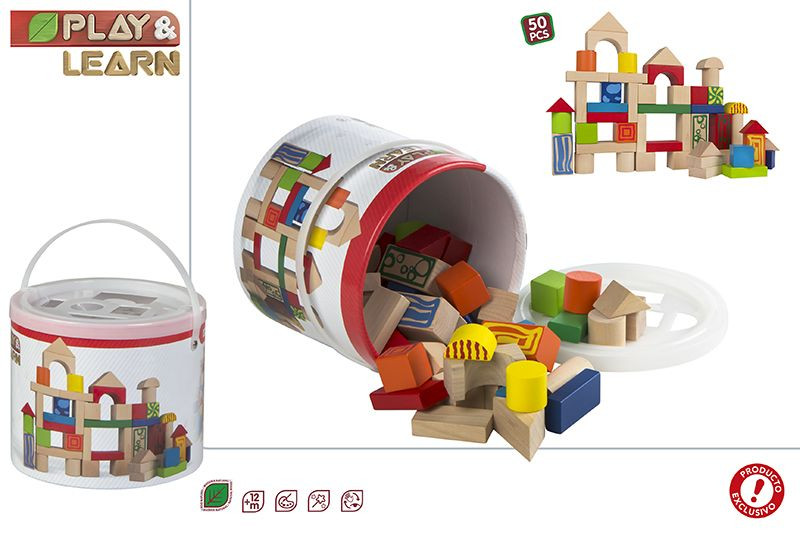 Cubo con 50 piezas realizadas en Madera, para Jugar a Construir. Diseño Ergonómico, con estilo Infantil - Hogar y Más