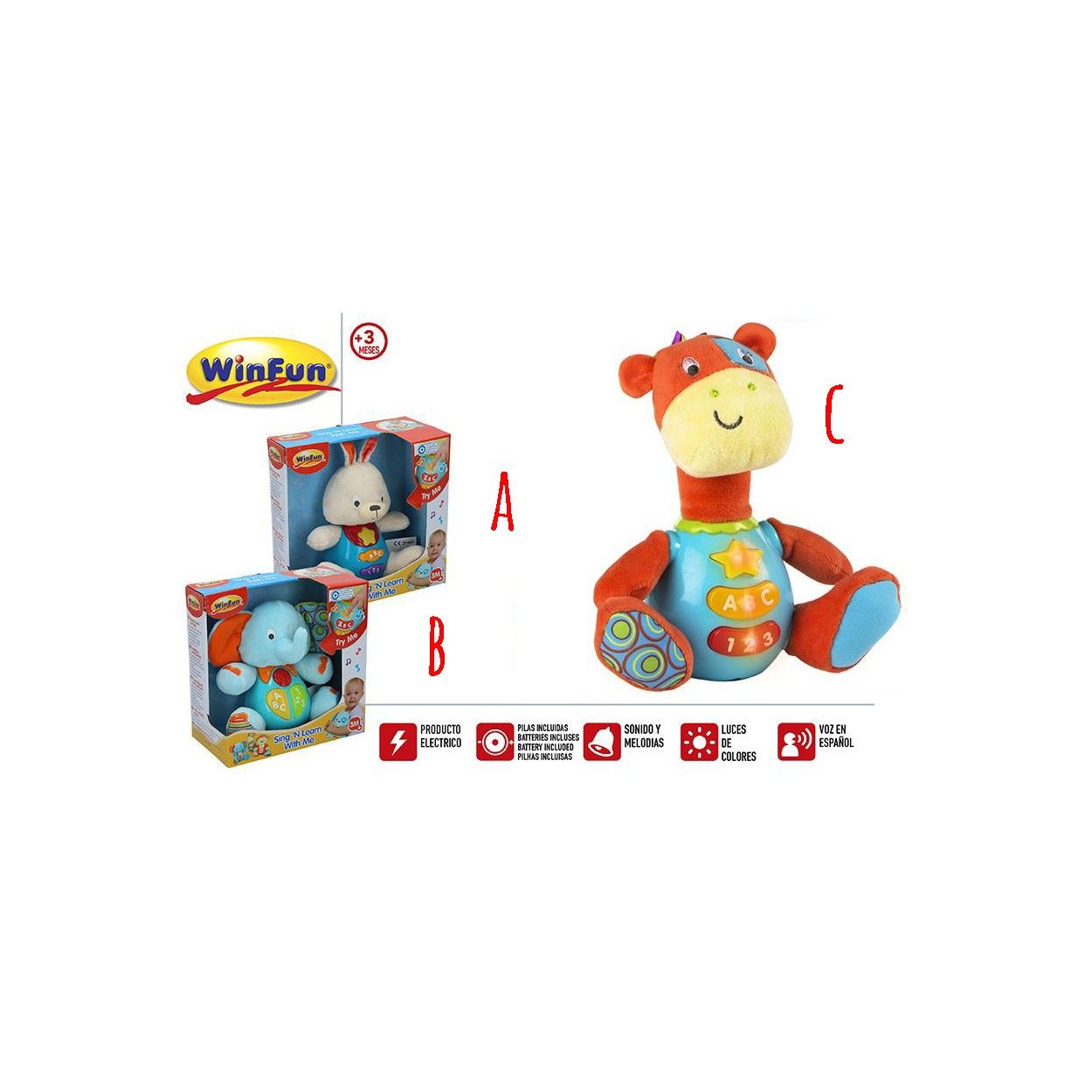 Stuffed Animals with Colorful Lights and Sounds/Melodies in Spanish. 3 Models to choose from. Original/Child. 20X15