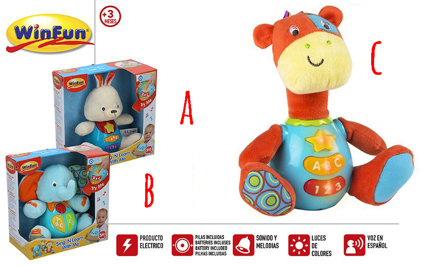 Peluche Animales con Luces de Colores y Sonidos/Melodias en Español. 3 Modelos a elegir. Original/Infantil. 20X15 cm-Hogarymas-