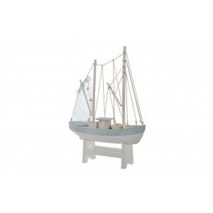 Figura de Velero, realizada en Madera, de color Blanco y Azul, con acabado envejecido. Diseño Marino/Vintage - Hogar y Más