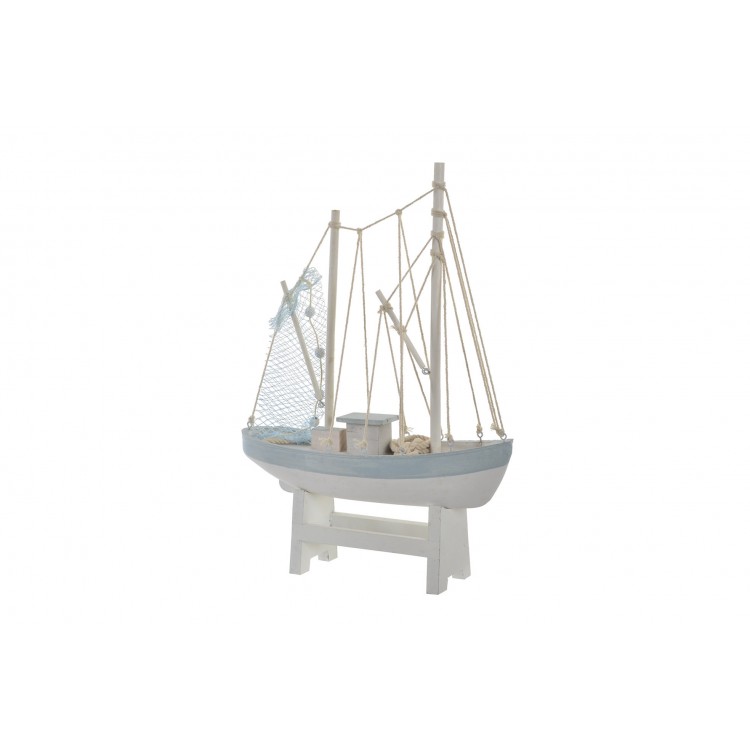 Figura de Velero, realizada en Madera, de color Blanco y Azul, con acabado envejecido. Diseño Marino/Vintage - Hogar y Más