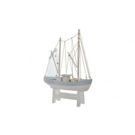 Figura de Velero, realizada en Madera, de color Blanco y Azul, con acabado envejecido. Diseño Marino/Vintage - Hogar y Más