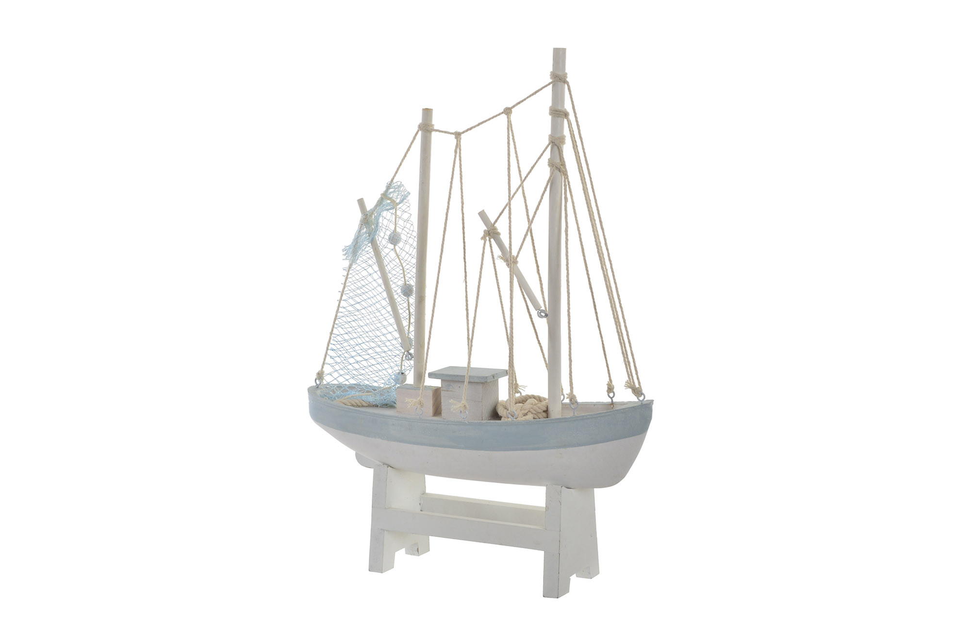 Figure of Sailing ship, made of Wood, White and Blue, with distressed finish. Design Marine/Vintage - Home and More