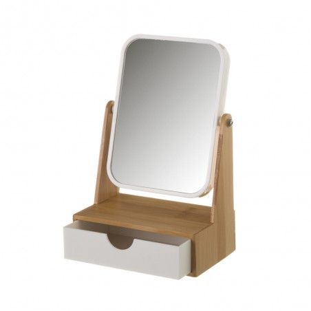 Espejo con Cajón, realizado en Bambú, de color Blanco y Beige, para el Baño. Diseño Nórdico, con estilo Moderno - Hogar y Más