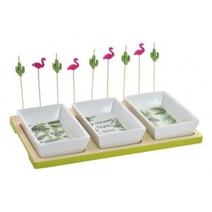 Tavolo/Vassoio per Snack e Piatti di Legno (3 Ciotole di ceramica). Design tropicale/Originale 28X12X16 cm