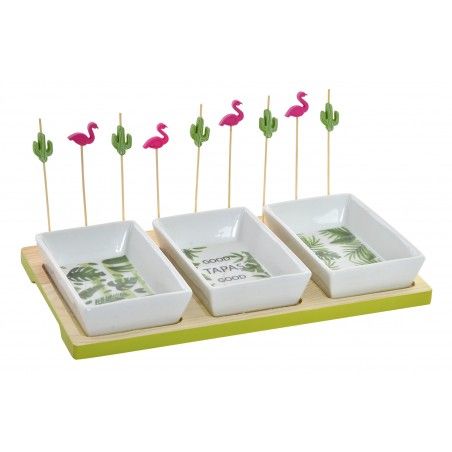 Tavolo/Vassoio per Snack e Piatti di Legno (3 Ciotole di ceramica). Design tropicale/Originale 28X12X16 cm