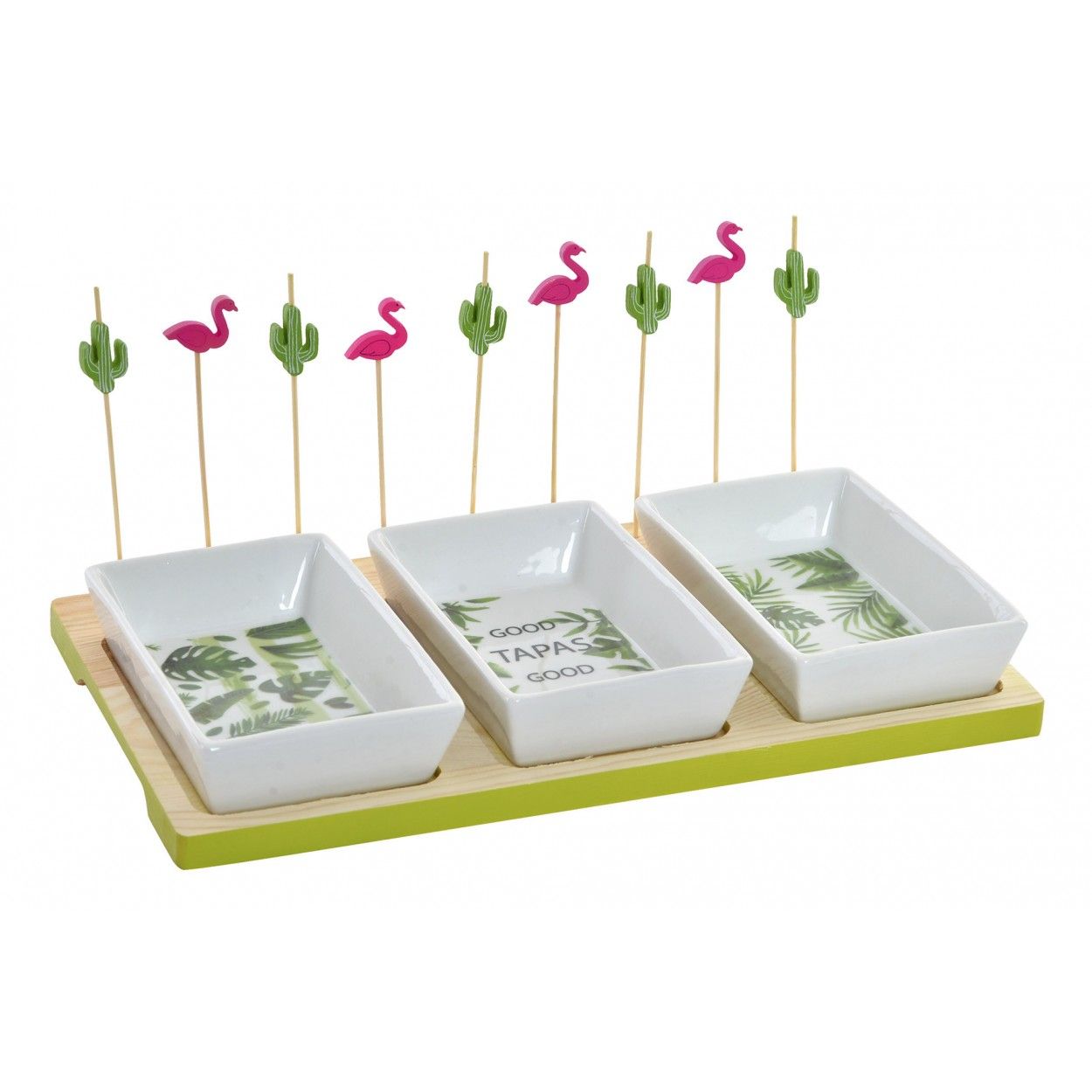 Table/Tray for Snacks, and Wooden Dishes (3 Bowls of ceramic). Tropical design/Original 28X12X16 cm