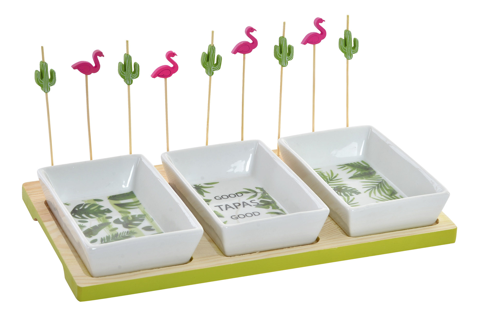 Tavolo/Vassoio per Snack e Piatti di Legno (3 Ciotole di ceramica). Design tropicale/Originale 28X12X16 cm