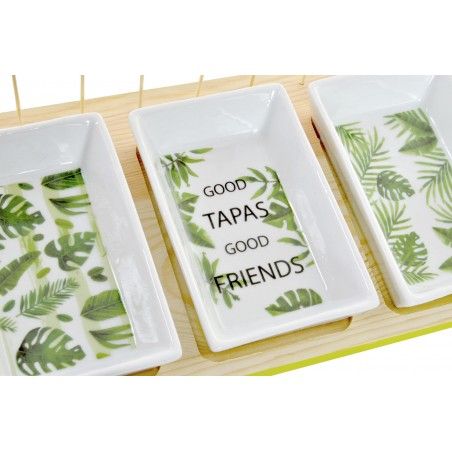 Tavolo/Vassoio per Snack e Piatti di Legno (3 Ciotole di ceramica). Design tropicale/Originale 28X12X16 cm