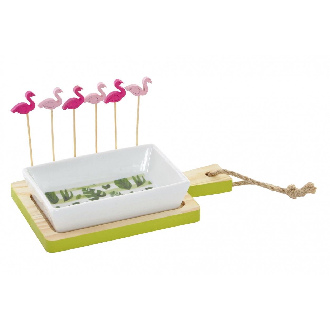 Tabla/Bandeja para Aperitivos de Madera y 1 Cuenco de cerámica. Diseño Tropical/Original 19X11X10 cm