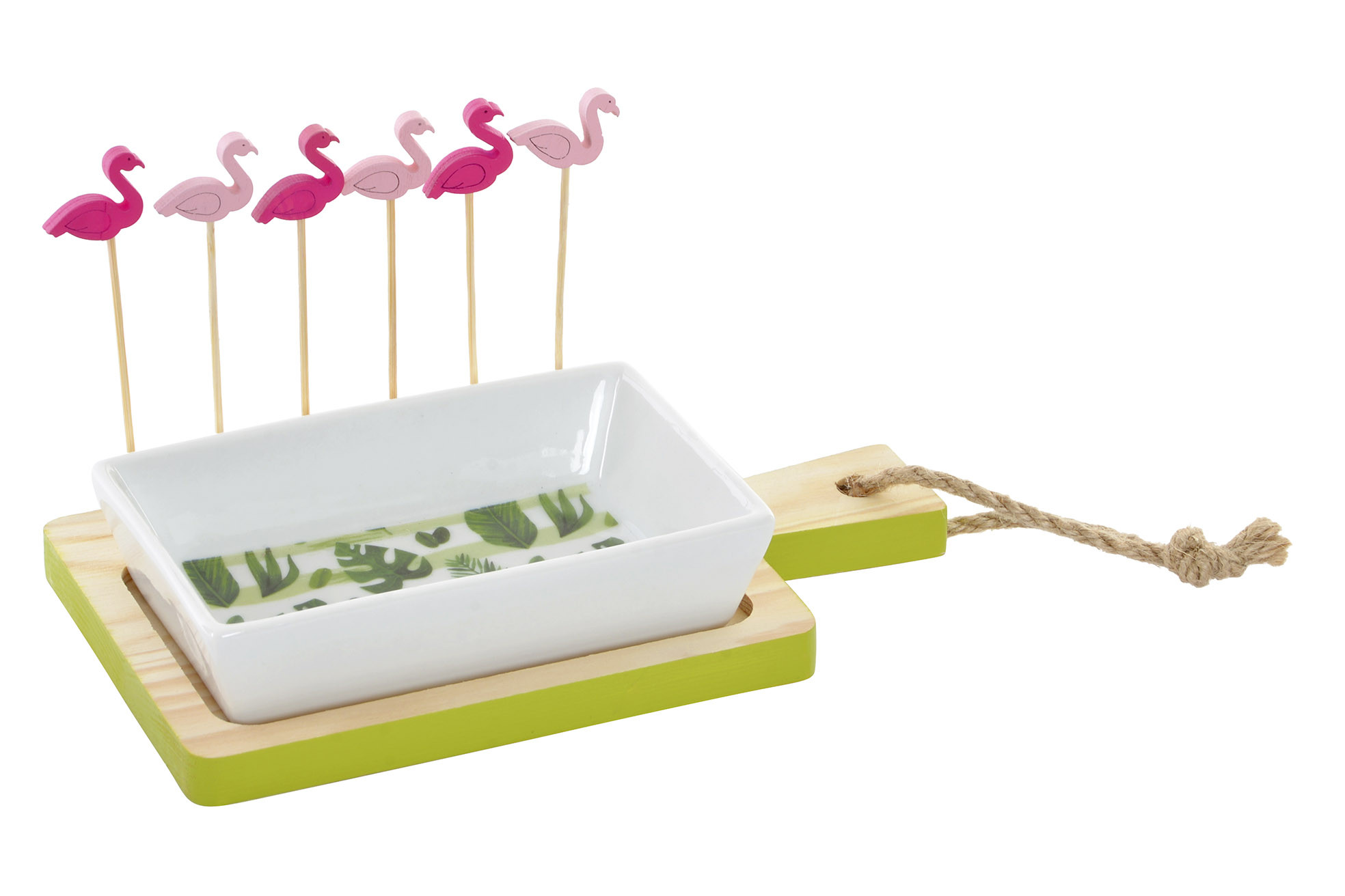 Tabla/Bandeja para Aperitivos de Madera y 1 Cuenco de cerámica. Diseño Tropical/Original 19X11X10 cm