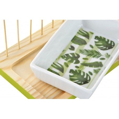 Tabla/Bandeja para Aperitivos de Madera y 1 Cuenco de cerámica. Diseño Tropical/Original 19X11X10 cm